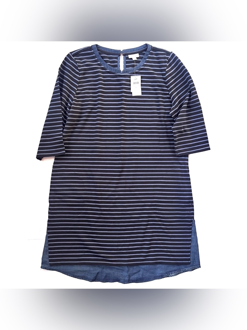 New NWT J. Jill Women’s Cotton & Denim Shirttail Tunic Dress in Navy Blue Stripe